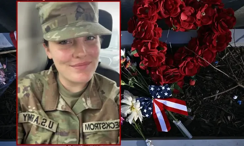A makeshift memorial has been set up in honor of the two National Guard service members shot near the Farragut West Metro Station in Washington, DC on November 28, 2025, two days after a shooting killed one National Guard member and critically wounded another. Two National Guard troops were shot on November 26 near the White House in what authorities described as a targeted attack by an Afghan migrant who had previously worked with the US military in Afghanistan, a case now being treated as a terrorism investigation, after President Donald Trump said on November 27 that one of the soldiers, Sarah Beckstrom, had died and the other was fighting for his life. (Photo by Brendan SMIALOWSKI / AFP via Getty Images) / U.S. Army Specialist Sarah Beckstrom (Department of Justice)