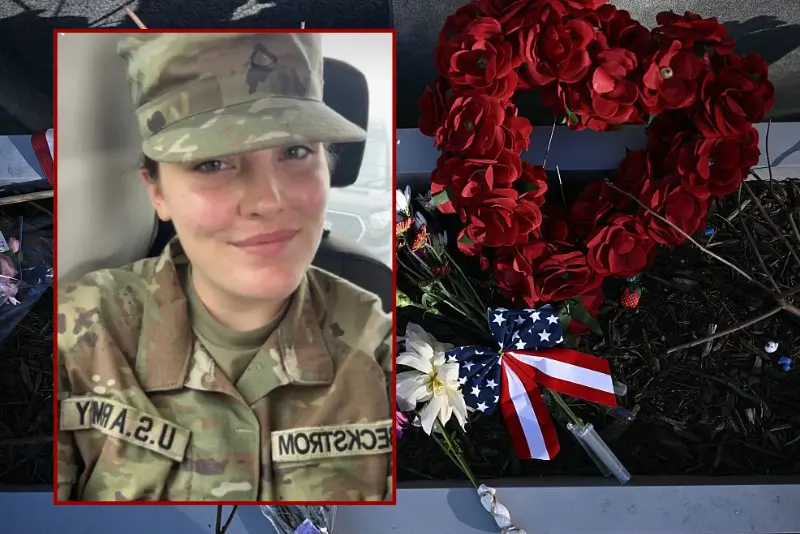 A makeshift memorial has been set up in honor of the two National Guard service members shot near the Farragut West Metro Station in Washington, DC on November 28, 2025, two days after a shooting killed one National Guard member and critically wounded another. Two National Guard troops were shot on November 26 near the White House in what authorities described as a targeted attack by an Afghan migrant who had previously worked with the US military in Afghanistan, a case now being treated as a terrorism investigation, after President Donald Trump said on November 27 that one of the soldiers, Sarah Beckstrom, had died and the other was fighting for his life. (Photo by Brendan SMIALOWSKI / AFP via Getty Images) / U.S. Army Specialist Sarah Beckstrom (Department of Justice)