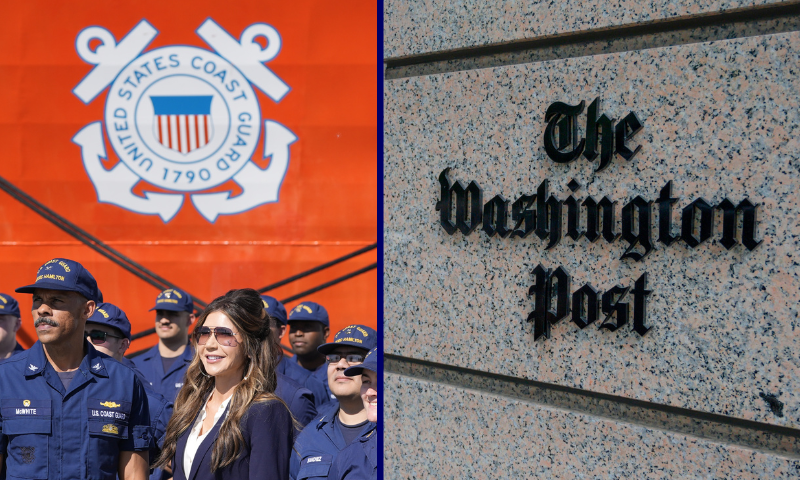 (L) U.S. Homeland Security Secretary Kristi Noem (C) poses for a group photo while touring the U.S. Coast Guard Station Charleston on November 7, 2025. (Photo by Alex Brandon-Pool/Getty Images) / (R) The building of the Washington Post newspaper headquarter. (Photo by ERIC BARADAT/AFP via Getty Images)