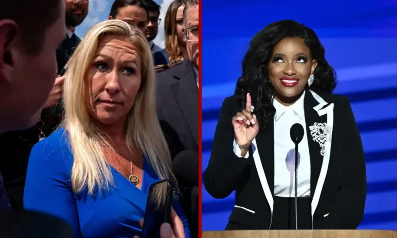 US Representative Jasmine Crockett, Democrat from Texas, speaks on the first day of the Democratic National Convention (DNC) at the United Center in Chicago, Illinois, on August 19, 2024. Vice President Kamala Harris will formally accept the party's nomination for president at the DNC which runs from August 19-22 in Chicago. (Photo by Mandel NGAN / AFP) (Photo by MANDEL NGAN/AFP via Getty Images)//WASHINGTON, DC - MAY 7: Rep. Marjorie Taylor Greene (R-GA) and Rep. Thomas Massie (R-KY) speak to members of the press on the steps of the House of Representatives after a meeting with Speaker of the House Mike Johnson (R-LA) at the U.S. Capitol on May 7, 2024 in Washington, DC. Last week Greene threatened to move forward with a 'motion to vacate' over her dissatisfaction with the Speaker's handling of the government funding legislation. (Photo by Kent Nishimura/Getty Images)