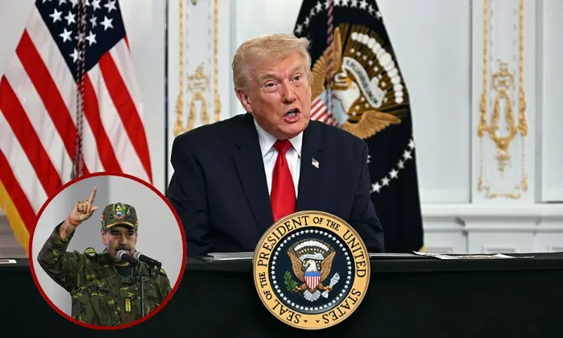 US President Donald Trump participates in a video call with military service members from his Mar-a-Lago residence in Palm Beach, Florida, on November 27, 2025, during the Thanksgiving holiday. US President Donald Trump said Thursday that Sarah Beckstrom, one of the two National Guard troops shot a day earlier near the White House, had died, while the other soldier was "fighting for his life." (Photo by Jim WATSON / AFP via Getty Images) / Venezuela's President Nicolas Maduro delivers a speech during a military ceremony in Fuerte Tiuna, Caracas on November 25, 2025. (Photo by Federico PARRA / AFP via Getty Images)