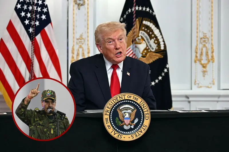 US President Donald Trump participates in a video call with military service members from his Mar-a-Lago residence in Palm Beach, Florida, on November 27, 2025, during the Thanksgiving holiday. US President Donald Trump said Thursday that Sarah Beckstrom, one of the two National Guard troops shot a day earlier near the White House, had died, while the other soldier was "fighting for his life." (Photo by Jim WATSON / AFP via Getty Images) / Venezuela's President Nicolas Maduro delivers a speech during a military ceremony in Fuerte Tiuna, Caracas on November 25, 2025. (Photo by Federico PARRA / AFP via Getty Images)