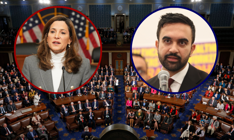 (Background) WASHINGTON, DC - OCTOBER 20: Members of the House of Representatives vote for the third time on whether to elevate House Judiciary Committee Chairman Jim Jordan (R-OH) to Speaker of the House in the U.S. Capitol on October 20, 2023 in Washington, DC. After falling short in two consecutive votes for Speaker, Jordan vowed he would continue to try and lead the House, which has been without an elected leader since Rep. Kevin McCarthy (R-CA) was ousted from the speakership on October 4. (Photo by Chip Somodevilla/Getty Images) / (L) WASHINGTON, DC - MAY 01: Representative Maria Elvira Salazar speaks during GRAMMYs on the Hill Advocacy Day on May 01, 2024 in Washington, DC. (Photo by Leigh Vogel/Getty Images for The Recording Academy) / (R) NEW YORK, NEW YORK - AUGUST 11: New York mayoral candidate Zohran Mamdani speaks during a press conference at the 1199SEIU headquarters on August 11, 2025 in New York City. Mamdani was joined by local elected officials and union delegates for 1199SEIU as he announced a "Five Boroughs Against Trump" tour that will take him to all five boroughs to speak against U.S. President Donald Trump's agenda, as he ties the mayoral candidates running against him to the president. (Photo by Michael M. Santiago/Getty Images)