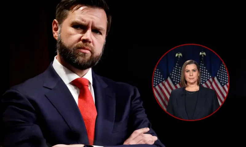 Sen. JD Vance (R-OH) listens during a news conference on the U.S. Southern Border at the U.S. Capitol on February 06, 2024 in Washington, DC. Senate Republicans held the news conference to discuss their lack of support for the bipartisan Senate immigration legislation released over the weekend. (Photo by Anna Moneymaker/Getty Images) // WYANDOTTE, MICHIGAN - MARCH 4: Sen. Elissa Slotkin (D-MI) rehearses the Democratic response to President Donald Trump's address to a joint session of Congress on March 4, 2025 in Wyandotte, Michigan. (Photo by Paul Sancya - Pool/Getty Images)