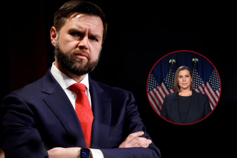 Sen. JD Vance (R-OH) listens during a news conference on the U.S. Southern Border at the U.S. Capitol on February 06, 2024 in Washington, DC. Senate Republicans held the news conference to discuss their lack of support for the bipartisan Senate immigration legislation released over the weekend. (Photo by Anna Moneymaker/Getty Images) // WYANDOTTE, MICHIGAN - MARCH 4: Sen. Elissa Slotkin (D-MI) rehearses the Democratic response to President Donald Trump's address to a joint session of Congress on March 4, 2025 in Wyandotte, Michigan. (Photo by Paul Sancya - Pool/Getty Images)