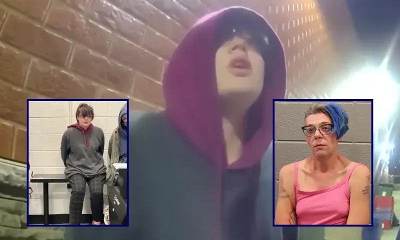 (Background) Screen capture of police body cam footage showing Morgan Geyser's arrest on Sunday, November 23, 2025. / (L) Morgan Geyser (Posen Police Department) / (R) Chad "Charly" Mecca (Posen Police Department)