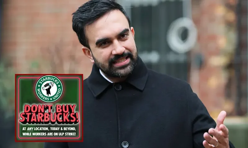 New York Mayor-Elect Zohran Mamdani gives brief remarks during a Veteran's Day event at Volunteers of America - Commonwealth Veterans' Residence on November 11, 2025 in the Soundview neighborhood of the Bronx borough in New York City. Mamdani observed Veteran's day by serving meals, speaking with and listening to the concerns of veterans and speaking about the work his upcoming administration will be doing to help. (Photo by Michael M. Santiago/Getty Images) / Starbucks Workers United (X)