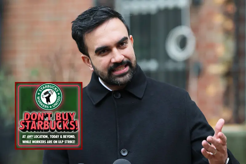 New York Mayor-Elect Zohran Mamdani gives brief remarks during a Veteran's Day event at Volunteers of America - Commonwealth Veterans' Residence on November 11, 2025 in the Soundview neighborhood of the Bronx borough in New York City. Mamdani observed Veteran's day by serving meals, speaking with and listening to the concerns of veterans and speaking about the work his upcoming administration will be doing to help. (Photo by Michael M. Santiago/Getty Images) / Starbucks Workers United (X)