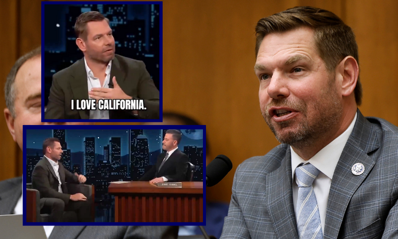 (L) Photo screenshots taken from Season 24, Episode 38 of Jimmy Kimmel Live! -- aired on November 20, 2025. / (Background) House Judiciary Committee member Rep. Eric Swalwell accuses his fellow committee members of being members of a cult during a hearing in the Rayburn House Office Building on Capitol Hill on June 04, 2024 in Washington, D.C. (Photo by Chip Somodevilla/Getty Images)