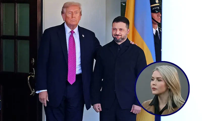 US President Donald Trump welcomes Ukrainian President Volodymyr Zelensky as he arrives for a meeting at the White House in Washington, DC, on October 17, 2025. (Photo by TOM BRENNER / AFP) (Photo by TOM BRENNER/AFP via Getty Images) / White House Press Secretary Karoline Leavitt speaks to journalists outside the West Wing of the White House in Washington, DC, on November 24, 2025. (Photo by ANDREW CABALLERO-REYNOLDS / AFP via Getty Images)