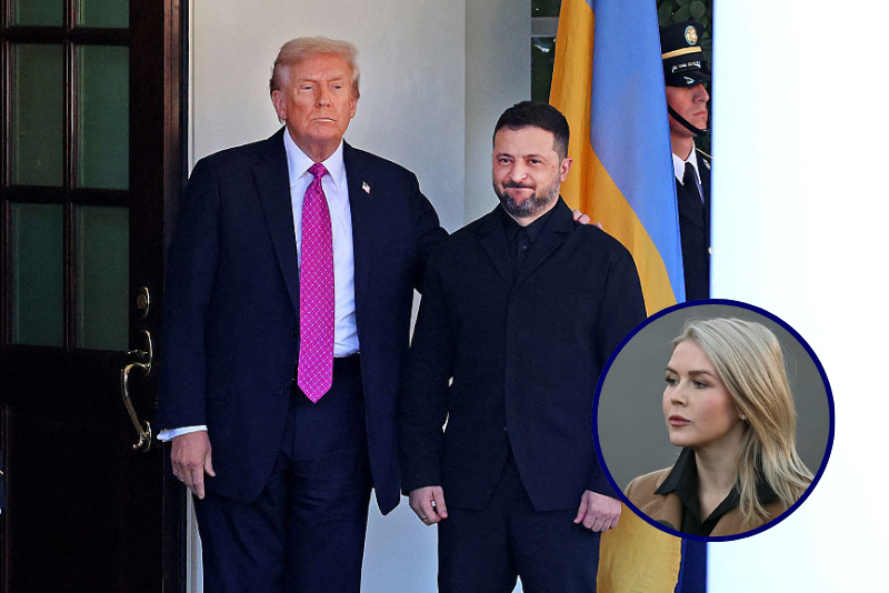US President Donald Trump welcomes Ukrainian President Volodymyr Zelensky as he arrives for a meeting at the White House in Washington, DC, on October 17, 2025. (Photo by TOM BRENNER / AFP) (Photo by TOM BRENNER/AFP via Getty Images) / White House Press Secretary Karoline Leavitt speaks to journalists outside the West Wing of the White House in Washington, DC, on November 24, 2025. (Photo by ANDREW CABALLERO-REYNOLDS / AFP via Getty Images)