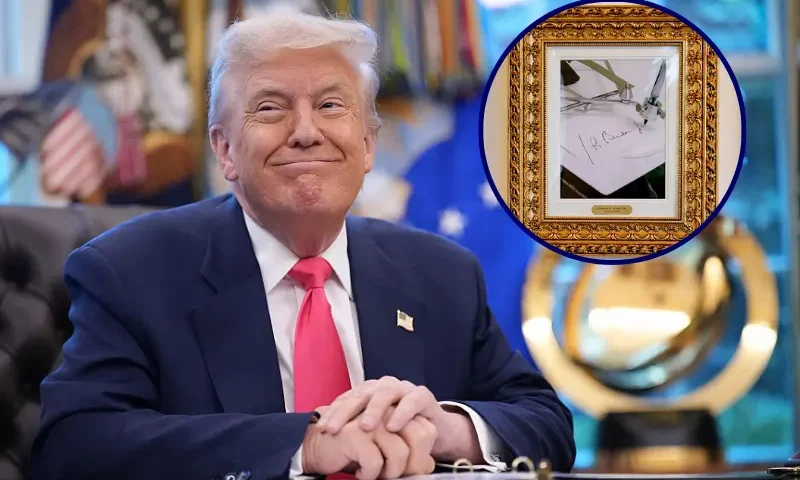 U.S. President Donald Trump speaks in the Oval Office on August 14, 2025 in Washington, DC. Trump is expected to issue a proclamation on the 90th anniversary of Social Security and highlight his administration's efforts on the program. (Photo by Andrew Harnik/Getty Images) / Framed portraits of U.S. President Donald Trump flank an image of former U.S. President Joe Biden's signature and an autopen along "The Presidential Walk of Fame" on the wall of the colonnade outside of the Oval Office as Trump meets with President of Turkey Recep Tayyip Erdogan at the White House on September 25, 2025 in Washington, DC. Trump has signaled that the U.S. might lift a ban on F-35 sales to Turkey during Erdogan's first visit to the White House since 2019. (Photo by Andrew Harnik/Getty Images)