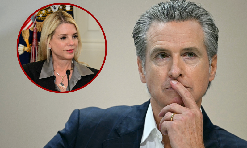 (L) US Attorney General Pam Bondi looks on during a law enforcement roundtable in the State Dining Room of the White House on October 23, 2025 in Washington, DC. (Photo by Jim WATSON / AFP) (Photo by JIM WATSON/AFP via Getty Images) / (Background) Governor of California Gavin Newsom attends a press conference during the COP30 UN Climate Change Conference in Belem, Para State, Brazil on November 11, 2025. Brazil is betting its much-hyped climate summit in the Amazon next month can deliver something increasingly rare in a fractured world: proof that nations can still unite to confront a global crisis (Photo by Mauro PIMENTEL / AFP) (Photo by MAURO PIMENTEL/AFP via Getty Images)