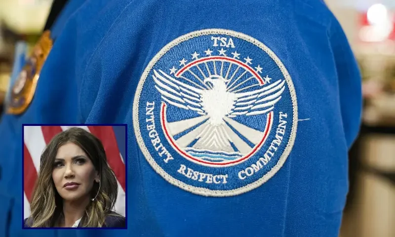 A TSA officer's badge can be seen on their shirt as people travel through Hartsfield-Jackson Atlanta International Airport on November 7, 2025 in Atlanta, Georgia. Today marks day 38 of the government shutdown. (Photo by Megan Varner/Getty Images) / U.S. Homeland Security Secretary Kristi Noem participates in a town hall event at the Citadel on November 7, 2025, in Charleston, South Carolina. (Photo by Alex Brandon-Pool/Getty Images)
