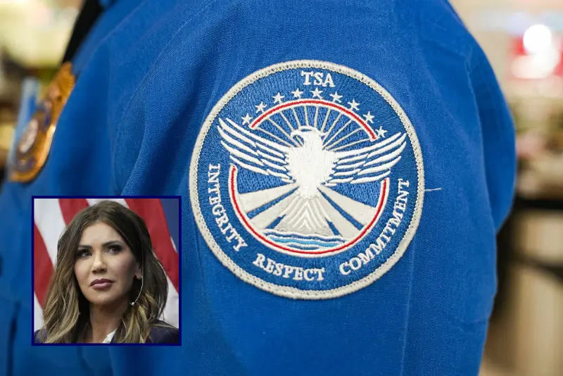 A TSA officer's badge can be seen on their shirt as people travel through Hartsfield-Jackson Atlanta International Airport on November 7, 2025 in Atlanta, Georgia. Today marks day 38 of the government shutdown. (Photo by Megan Varner/Getty Images) / U.S. Homeland Security Secretary Kristi Noem participates in a town hall event at the Citadel on November 7, 2025, in Charleston, South Carolina. (Photo by Alex Brandon-Pool/Getty Images)