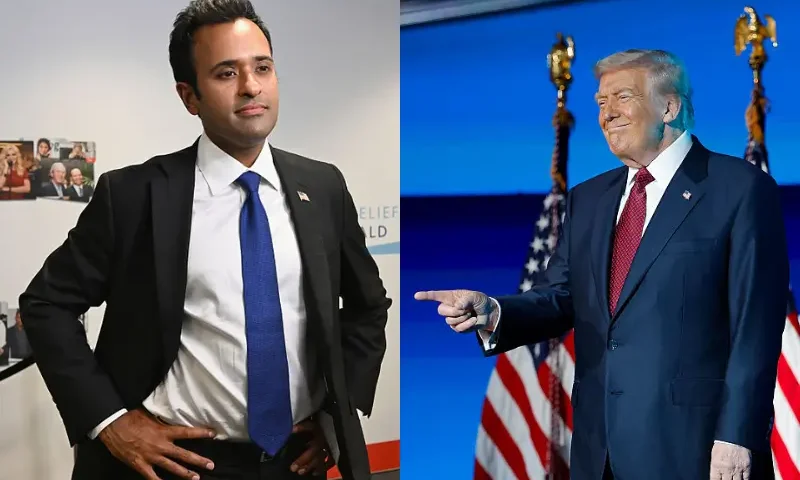 Vivek Ramaswamy attends Charity Day 2025 Hosted by Cantor Fitzgerald Relief Fund at BGC Group on September 11, 2025 in New York City. (Photo by Slaven Vlasic/Getty Images for Cantor Fitzgerald) / U.S. President Donald Trump arrives on stage to deliver remarks during the America Business Forum at the Kaseya Center on November 05, 2025 in Miami, Florida. The forum brings together global leaders, cultural figures and innovators from various sectors for discussions on business, technology and social development. (Photo by Kevin Dietsch/Getty Images)