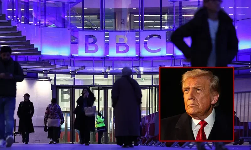 People use the entrance to the offices of British broadcaster BBC in London in the late afternoon on November 11, 2025. The BBC's outgoing boss urged staff to "fight" for its journalism on November 11 as the broadcaster grappled with how to respond to Donald Trump's threat of a lawsuit over a misleading edit of the US president. (Photo by HENRY NICHOLLS / AFP) (Photo by HENRY NICHOLLS/AFP via Getty Images) / U.S. President Donald Trump speaks to members of the press as he departs the White House for Joint Base Andrews on October 24, 2025 in Washington, DC. Trump is traveling to Malaysia for the Association of Southeast Asian Nations summit (ASEAN), Japan, and to South Korea for the Asia-Pacific Economic Cooperation forum (APEC). (Photo by Kent Nishimura/Getty Images)