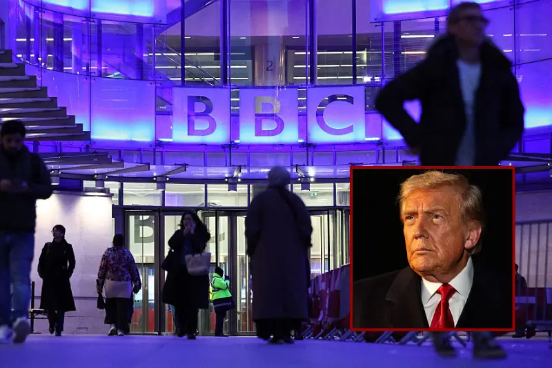 People use the entrance to the offices of British broadcaster BBC in London in the late afternoon on November 11, 2025. The BBC's outgoing boss urged staff to "fight" for its journalism on November 11 as the broadcaster grappled with how to respond to Donald Trump's threat of a lawsuit over a misleading edit of the US president. (Photo by HENRY NICHOLLS / AFP) (Photo by HENRY NICHOLLS/AFP via Getty Images) / U.S. President Donald Trump speaks to members of the press as he departs the White House for Joint Base Andrews on October 24, 2025 in Washington, DC. Trump is traveling to Malaysia for the Association of Southeast Asian Nations summit (ASEAN), Japan, and to South Korea for the Asia-Pacific Economic Cooperation forum (APEC). (Photo by Kent Nishimura/Getty Images)