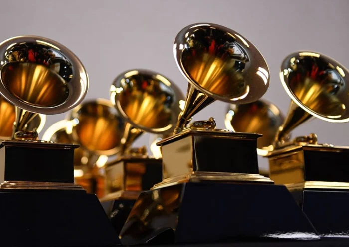 Grammy Award trophies are seen in the press room during the 64th Annual Grammy Awards at the MGM Grand Garden Arena in Las Vegas on April 3, 2022. (Photo by Patrick T. FALLON / AFP) (Photo by PATRICK T. FALLON/AFP via Getty Images)