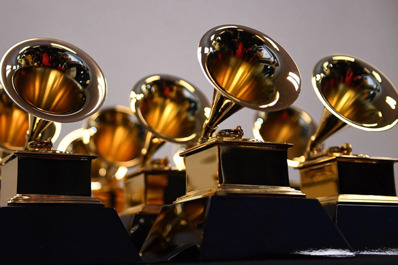 Grammy Award trophies are seen in the press room during the 64th Annual Grammy Awards at the MGM Grand Garden Arena in Las Vegas on April 3, 2022. (Photo by Patrick T. FALLON / AFP) (Photo by PATRICK T. FALLON/AFP via Getty Images)