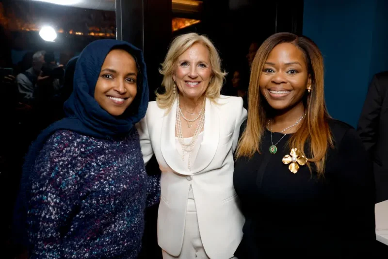 WASHINGTON, DC - APRIL 28: (L-R) Congresswoman Ilhan Omar, Jill Biden, First Lady of the United States, and Congresswoman Sheila Cherfilus-McCormick attend the Women of Impact Celebration hosted by ELLE at Ciel Social Club on April 28, 2023 in Washington, DC. (Photo by Tasos Katopodis/Getty Images for ELLE)