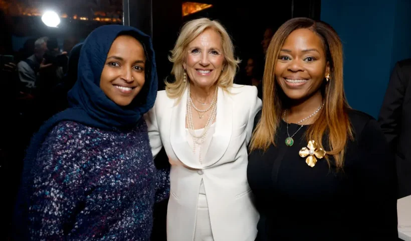 WASHINGTON, DC - APRIL 28: (L-R) Congresswoman Ilhan Omar, Jill Biden, First Lady of the United States, and Congresswoman Sheila Cherfilus-McCormick attend the Women of Impact Celebration hosted by ELLE at Ciel Social Club on April 28, 2023 in Washington, DC. (Photo by Tasos Katopodis/Getty Images for ELLE)