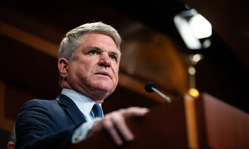 Rep. Michael McCaul (R-TX) speaks during a press conference with other Republican Senators and Representatives, demanding a trial of Secretary of Homeland Security Alejandro Mayorkas following delivery of articles of impeachment to the Senate, Washington, DC, April 16, 2024. (Photo by Allison Bailey / Middle East Images / Middle East Images via AFP) (Photo by ALLISON BAILEY/Middle East Images/AFP via Getty Images)