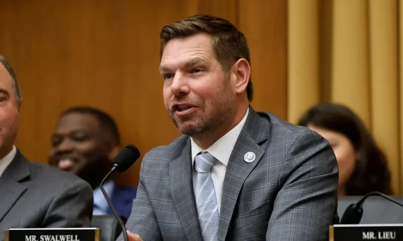 WASHINGTON, DC - JUNE 04: House Judiciary Committee member Rep. Eric Swalwell (D-CA) (R) accuses his fellow committee members of being members of a cult as U.S. Attorney General Merrick Garland testifies during a hearing in the Rayburn House Office Building on Capitol Hill on June 04, 2024 in Washington, DC. Facing a contempt vote in the House, Garland pushed back against false accusation that the Justice Department is behind the prosecution and subsequent conviction of former U.S. President Donald Trump in New York, and that falsehoods and "conspiracy theories" are harming the rule of law. (Photo by Chip Somodevilla/Getty Images)