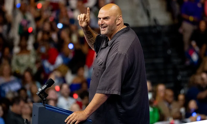 PHILADELPHIA, PENNSYLVANIA - AUGUST 6: Sen. John Fetterman (D-PA) speaks during a campaign rally for Democratic presidential candidate U.S. Vice President Kamala Harris and Democratic vice presidential candidate Minnesota Gov. Tim Walz on August 6, 2024 in Philadelphia, Pennsylvania. Harris ended weeks of speculation about who her running mate would be, selecting the 60 year old midwestern governor over other candidates. (Photo by Andrew Harnik/Getty Images)