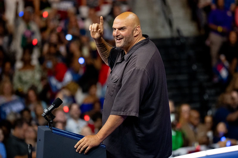 PHILADELPHIA, PENNSYLVANIA - AUGUST 6: Sen. John Fetterman (D-PA) speaks during a campaign rally for Democratic presidential candidate U.S. Vice President Kamala Harris and Democratic vice presidential candidate Minnesota Gov. Tim Walz on August 6, 2024 in Philadelphia, Pennsylvania. Harris ended weeks of speculation about who her running mate would be, selecting the 60 year old midwestern governor over other candidates. (Photo by Andrew Harnik/Getty Images)