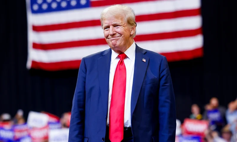 BOZEMAN, MONTANA - AUGUST 09: Republican presidential nominee, former U.S. President Donald Trump walks toward the stage to speak at a rally at the Brick Breeden Fieldhouse at Montana State University on August 9, 2024 in Bozeman, Montana. (Photo by Michael Ciaglo/Getty Images)