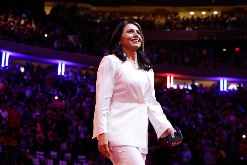 NEW YORK, NEW YORK - OCTOBER 27: Former U.S. Representative from Hawaii Tulsi Gabbard arrives to speak before Republican presidential nominee, former U.S. President Donald Trump takes the stage at the campaign rally at Madison Square Garden on October 27, 2024 in New York City. Trump closed out his weekend of campaigning in New York City with a guest list of speakers that includes his running mate Republican vice presidential nominee, U.S. Sen. J.D. Vance (R-OH), Tesla CEO Elon Musk, UFC CEO Dana White, and House Speaker Mike Johnson (R-LA), among others, nine days before Election Day. (Photo by Anna Moneymaker/Getty Images)