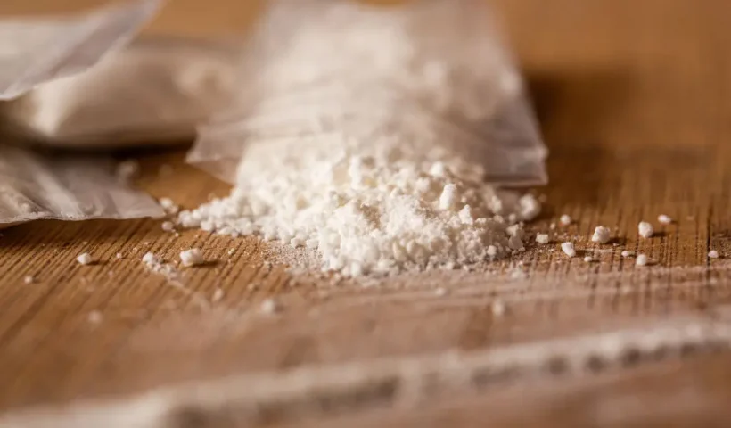 Fake cocaine in a transparent bag on a board illustrating drug trafficking in Clermont Ferrand France on March 19 2020. (Photo by Romain Costaseca / Hans Lucas / Hans Lucas via AFP) (Photo by ROMAIN COSTASECA/Hans Lucas/AFP via Getty Images)