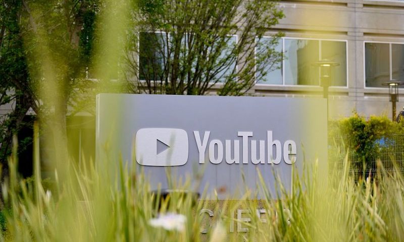 The YouTube logo is seen outside the company's corporate headquarters in San Bruno, California, on April 23, 2025. YouTube turned 20 years old and is on track to become the biggest media company by revenue at $550 billion. (Photo by JOSH EDELSON / AFP) (Photo by JOSH EDELSON/AFP via Getty Images)