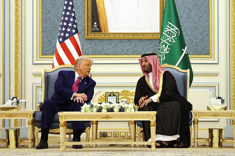 RIYADH, SAUDI ARABIA - MAY 13: U.S. President Donald Trump meets with Saudi Crown Prince Mohammed bin Salman during a “coffee ceremony” at the Saudi Royal Court on May 13, 2025, in Riyadh, Saudi Arabia. Trump begins a multi-nation tour of the Gulf region focused on expanding economic ties and reinforcing security cooperation with key U.S. allies. (Photo by Win McNamee/Getty Images)