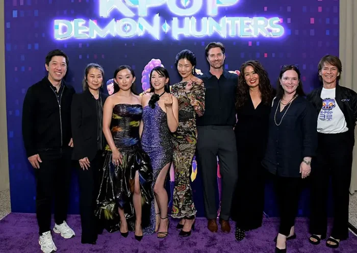 (L-R) Dan Lin, Chairman of Film, Netflix, Maggie Kang, Ji-young Yoo, Arden Cho, May Hong, Chris Appelhans, Michelle Wong, Hannah Minghella, Head of Feature Animation, Netflix and Kristine Belson, President, Sony Pictures Animation, attend the KPop Demon Hunters Special Screening at Netflix Tudum Theater on June 16, 2025 in Los Angeles, California. (Photo by Charley Gallay/Getty Images for Netflix)