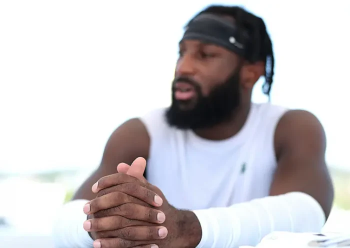 Kris Boyd #17 of the New York Jets talks to media during training camp at Atlantic Health Jets Training Center on July 28, 2025 in Florham Park, New Jersey. (Photo by Ishika Samant/Getty Images)