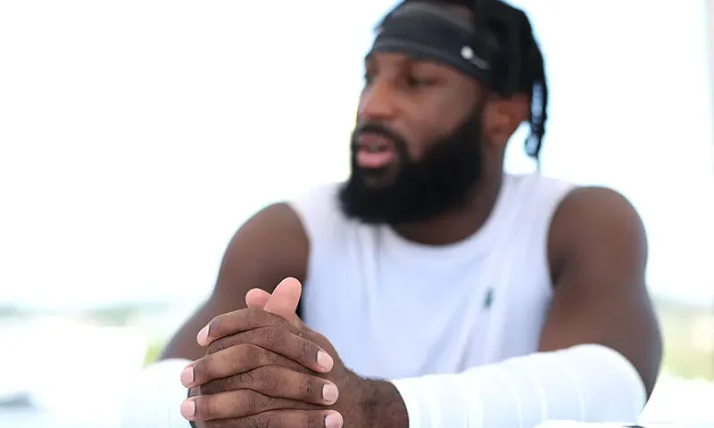 Kris Boyd #17 of the New York Jets talks to media during training camp at Atlantic Health Jets Training Center on July 28, 2025 in Florham Park, New Jersey. (Photo by Ishika Samant/Getty Images)