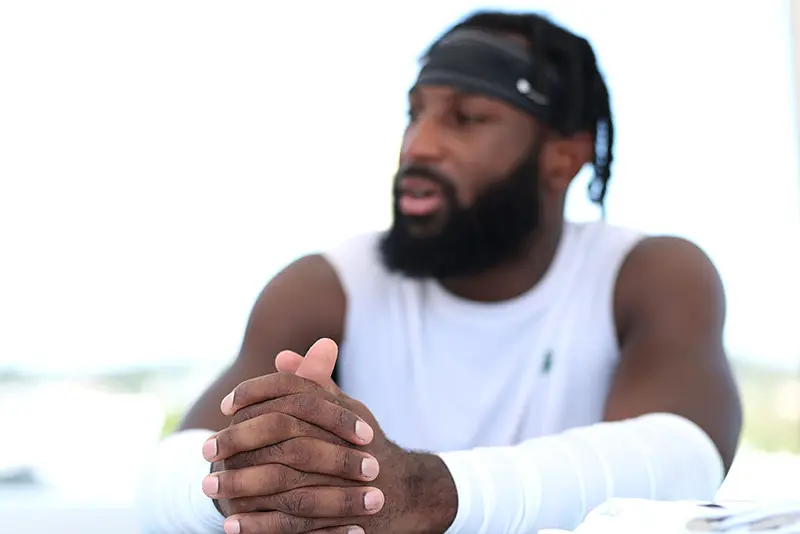 Kris Boyd #17 of the New York Jets talks to media during training camp at Atlantic Health Jets Training Center on July 28, 2025 in Florham Park, New Jersey. (Photo by Ishika Samant/Getty Images)