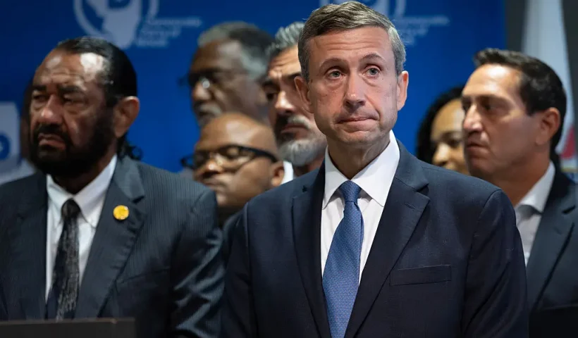 AURORA, ILLINOIS - AUGUST 05: Ken Martin, chairman of the Democratic National Committee, listens to speakers during a press conference with Texas Democrats at the International Union of Painters and Allied Trades union hall on August 05, 2025 in Aurora, Illinois. Democratic Texas lawmakers left the state on Sunday to prevent a quorum from being reached during a special session called to redistrict the state in favor of Republican candidates. (Photo by Scott Olson/Getty Images)