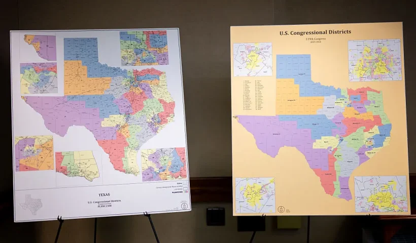 AUSTIN, TEXAS - AUGUST 06: U.S. Congressional District maps are displayed as the Senate Special Committee on Congressional Redistricting meets to hear invited testimony on Congressional plan C2308 at the Texas State Capitol on August 6, 2025 in Austin, Texas. The meeting adjourned early due to a lack of attendees for testimony. Earlier this week, Texas Democratic lawmakers fled the state in an attempt to protest and deny quorum for votes on the proposed Republican redistricting plan, which would secure five additional GOP seats in the U.S. House. Gov. Greg Abbott has threatened to remove lawmakers who do not return and has asked the Texas Supreme Court to expel House Democratic leaders who fled the state. (Photo by Brandon Bell/Getty Images)