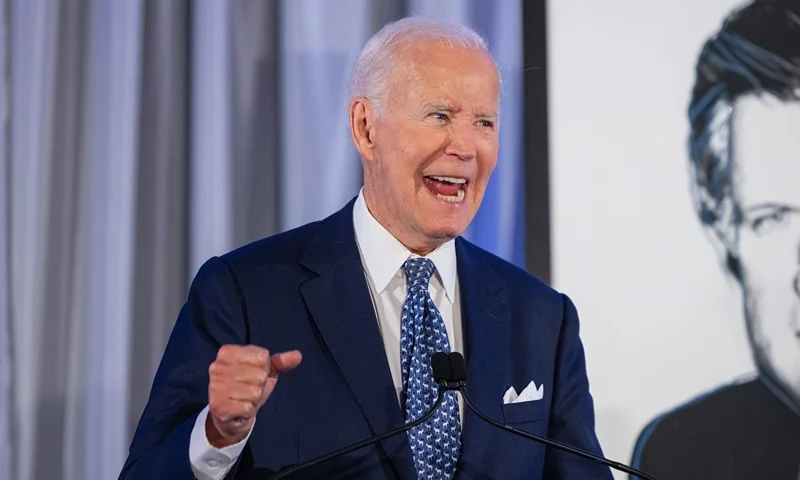 BOSTON, MASSACHUSETTS - OCTOBER 26: Former U.S. President Joe Biden delivers remarks during the Edward Kennedy Institute's 10th anniversary celebration at the Edward Kennedy Institute on October 26, 2025 in Boston, Massachusetts. Former President Joe Biden was honored with a lifetime achievement award. (Photo by Scott Eisen/Getty Images)