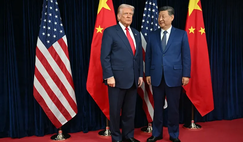 TOPSHOT - US President Donald Trump (L) and China's President Xi Jinping arrive for talks at the Gimhae Air Base, located next to the Gimhae International Airport in Busan on October 30, 2025. Donald Trump and Chinese leader Xi Jinping will seek a truce in their bruising trade war on October 30, with the US president predicting a "great meeting" but Beijing being more circumspect. (Photo by ANDREW CABALLERO-REYNOLDS / AFP) (Photo by ANDREW CABALLERO-REYNOLDS/AFP via Getty Images)