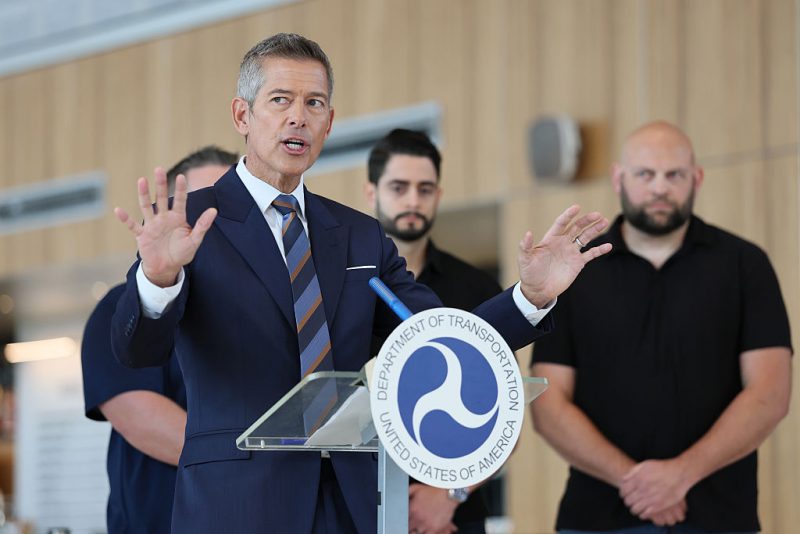 NEW YORK, NEW YORK - OCTOBER 28: Transportation Secretary Sean Duffy speaks during a press conference at LaGuardia Airport on October 28, 2025 in New York City. Duffy spoke about how the government shutdown, now on its 28th day, is affecting travel at airports throughout the country. Duffy has stated that delays stemming from staffing issues has jumped from its usual mark of 5 % to 53% amid the shutdown. (Photo by Michael M. Santiago/Getty Images)