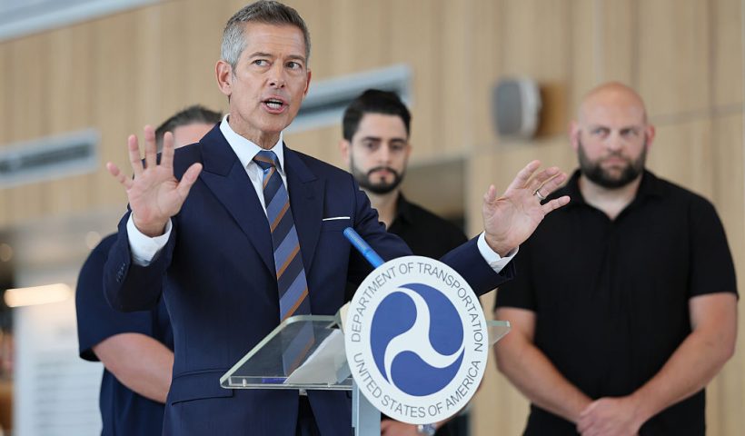 NEW YORK, NEW YORK - OCTOBER 28: Transportation Secretary Sean Duffy speaks during a press conference at LaGuardia Airport on October 28, 2025 in New York City. Duffy spoke about how the government shutdown, now on its 28th day, is affecting travel at airports throughout the country. Duffy has stated that delays stemming from staffing issues has jumped from its usual mark of 5 % to 53% amid the shutdown. (Photo by Michael M. Santiago/Getty Images)