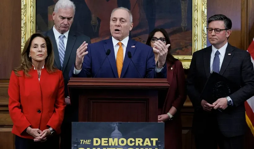 WASHINGTON, DC - NOVEMBER 4: House Majority Leader Steve Scalise (R-LA) speaks alongside Republican House leadership during a news conference on November 4, 2025 on Capitol Hill in Washington, DC. Republican congressional leadership spoke as the U.S. Government shutdown reached day 35. (Photo by Tom Brenner/Getty Images)