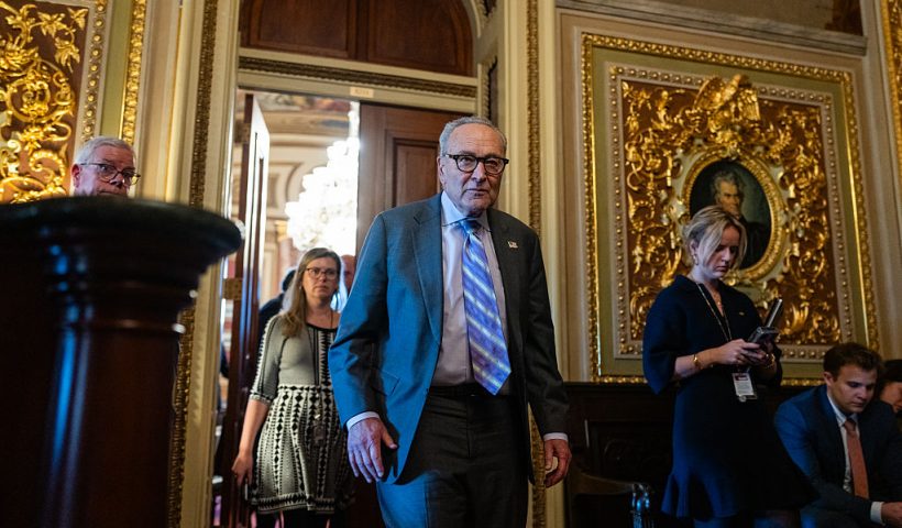 WASHINGTON, DC - NOVEMBER 6: Senate Minority Leader Chuck Schumer (D-NY) departs a Democratic luncheon at the U.S. Capitol on November 6, 2025 in Washington, DC. Lawmakers continue to negotiate as the government shutdown reaches its 37th day, the longest in U.S. history. (Photo by Eric Lee/Getty Images)
