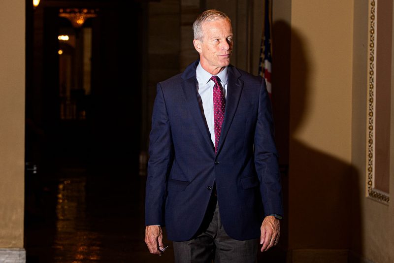 WASHINGTON, DC - NOVEMBER 8: Senate Majority Leader John Thune (R-SD) walks to the Senate Chamber on November 8, 2025 in Washington, DC. Today marks Day 39th day of the government shutdown, the longest in U.S. history. (Photo by Aaron Schwartz/Getty Images)