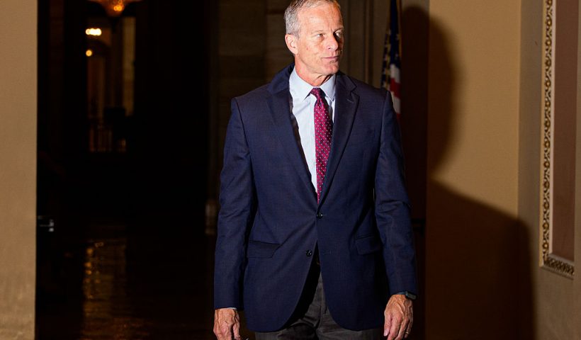WASHINGTON, DC - NOVEMBER 8: Senate Majority Leader John Thune (R-SD) walks to the Senate Chamber on November 8, 2025 in Washington, DC. Today marks Day 39th day of the government shutdown, the longest in U.S. history. (Photo by Aaron Schwartz/Getty Images)