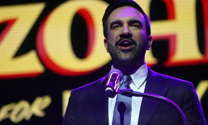 NEW YORK, NEW YORK - NOVEMBER 04: New York City Democratic mayoral candidate Zohran Mamdani celebrates as he takes the stage at his election night watch party at the Brooklyn Paramount on November 4, 2025 in the Brooklyn borough of New York City. Mamdani defeated Independent candidate Andrew Cuomo and Republican candidate Curtis Sliwa in the closely watched election for New York City mayor. (Photo by Spencer Platt/Getty Images)